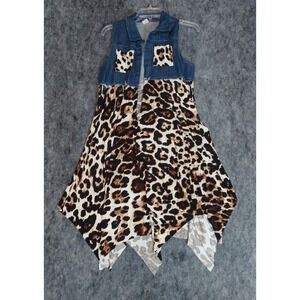 Vtg Denim Vest Womens Small Long Leopard Print Handkerchief Hem Boho Western USA